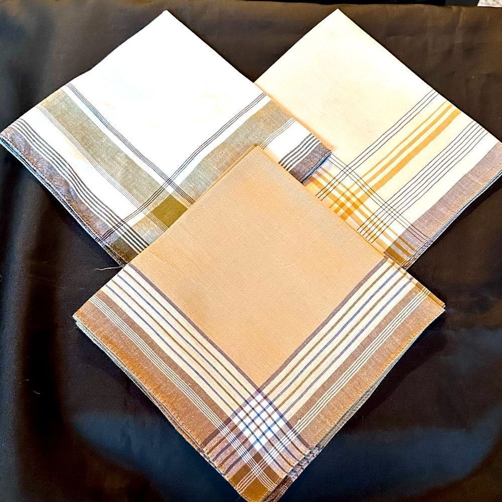 3 Vintage 70s Brown and Beige tone men’s Handkerchiefs